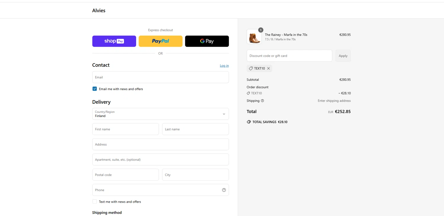 Alvies discount code screenshot showing code TEXT10 applied at Alvies checkout page. Uploaded by SimplyCodes community member suppahdealz on Mar 22, 2025