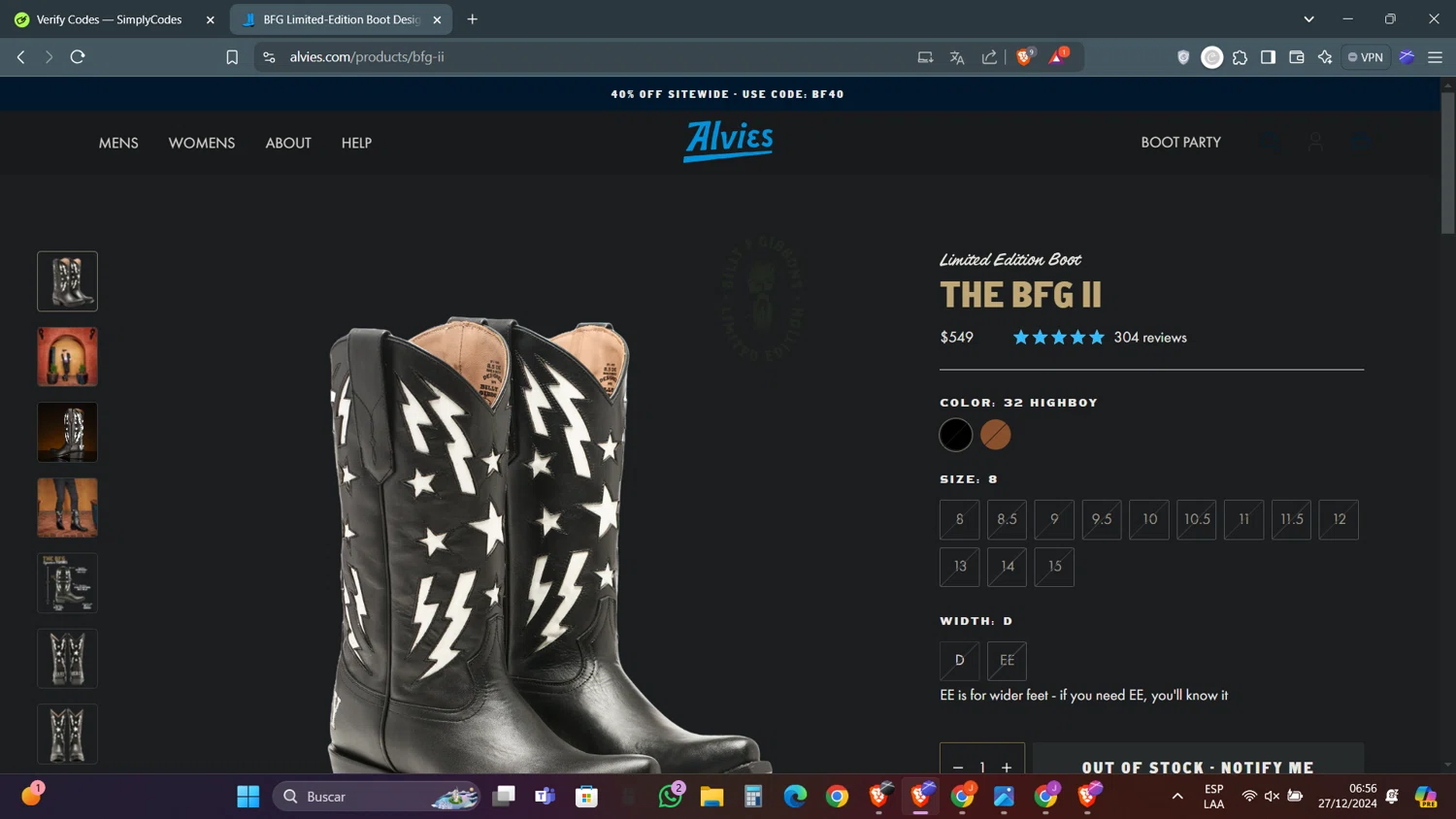 Alvies discount code screenshot showing code BF40 applied at Alvies checkout page. Uploaded by SimplyCodes community member FortunateRanger1171 on Dec 27, 2024