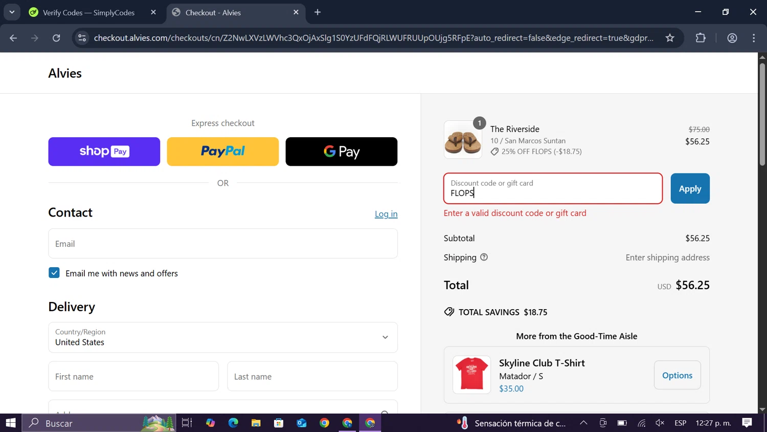 Alvies discount code screenshot showing code FLOPS applied at Alvies checkout page. Uploaded by SimplyCodes community member SmartLegend506 on Jun 7, 2025