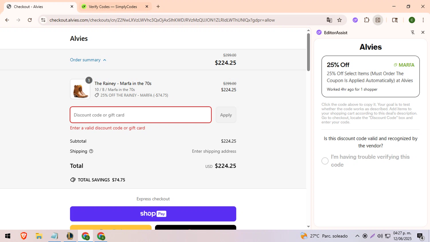 Alvies discount code screenshot showing code MARFA applied at Alvies checkout page. Uploaded by SimplyCodes community member DevianArt on Jun 12, 2025