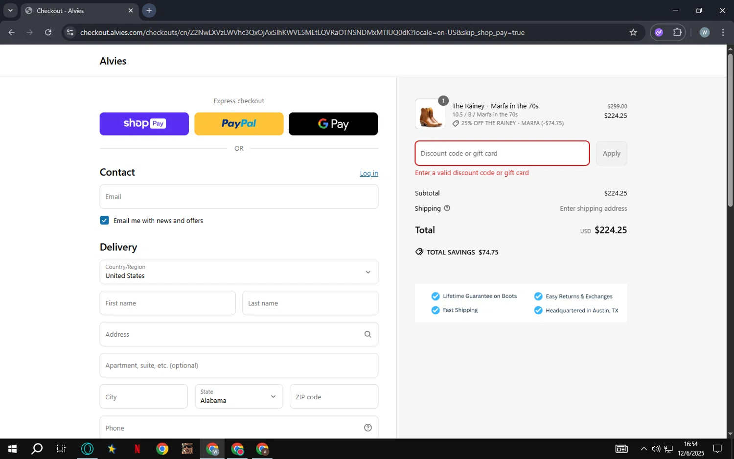 Alvies discount code screenshot showing code MARFA applied at Alvies checkout page. Uploaded by SimplyCodes community member Matrixx on Jun 12, 2025
