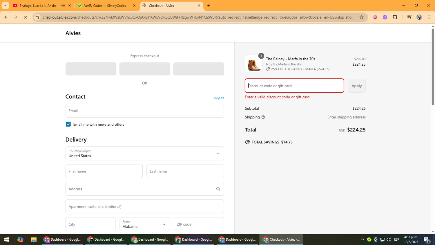 Alvies discount code screenshot showing code MARFA applied at Alvies checkout page. Uploaded by SimplyCodes community member Vanmanuel on Jun 12, 2025