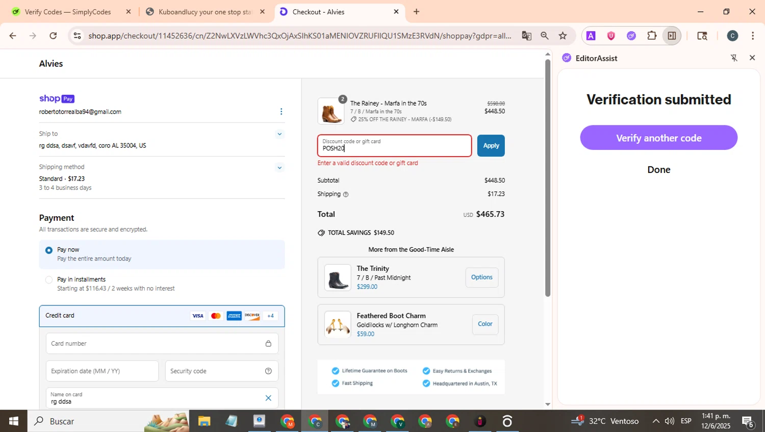 Alvies discount code screenshot showing code MARFA applied at Alvies checkout page. Uploaded by SimplyCodes community member benjamnlev on Jun 12, 2025