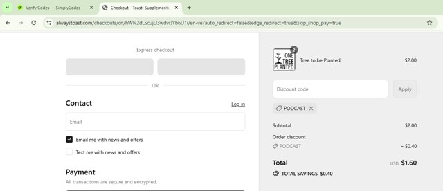 Toast! checkout page showing Toast! promo code box | Screenshot taken by SimplyCodes community member on Sep 5, 2025