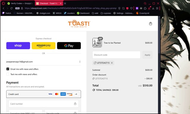 Toast! checkout page showing Toast! promo code box | Screenshot taken by SimplyCodes community member on Sep 6, 2025