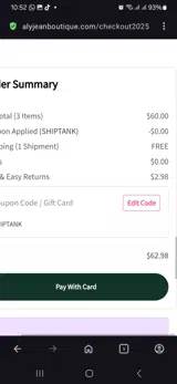 Aly Jean Boutique coupon verification screenshot