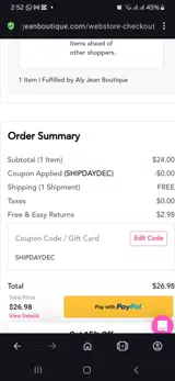 Aly Jean Boutique coupon verification screenshot
