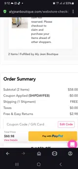 Aly Jean Boutique coupon verification screenshot
