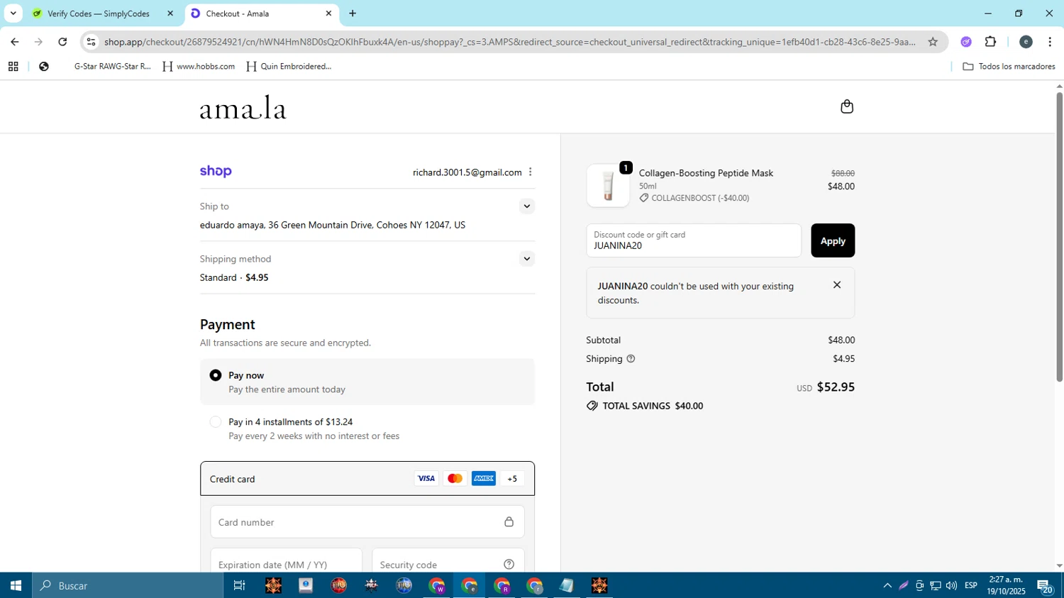 Amala Beauty coupon code screenshot showing code JUANINA20 applied at Amala Beauty checkout page. Uploaded by SimplyCodes community member jose05elfrikia847 on Oct 19, 2025