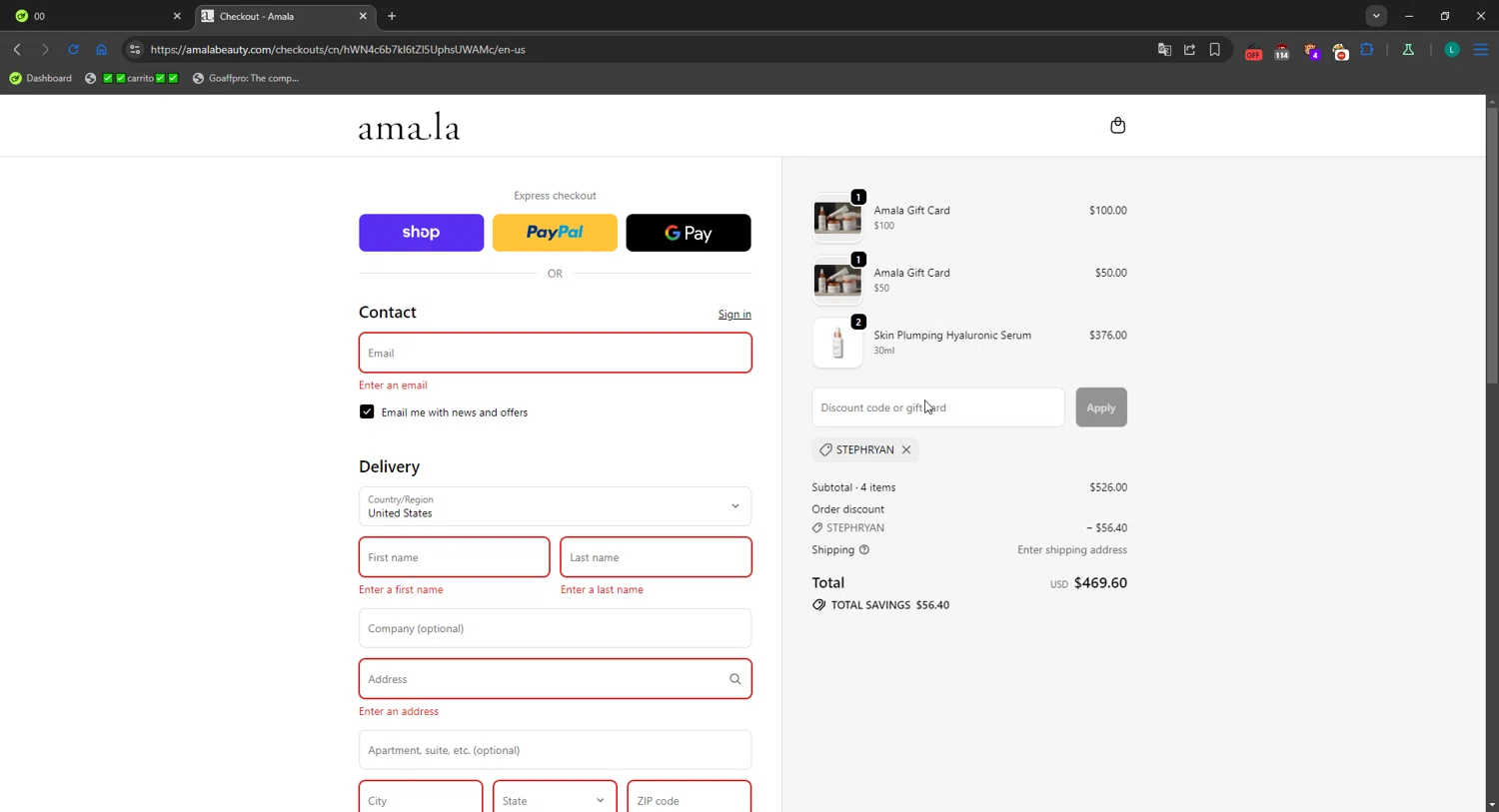 Amala Beauty coupon code screenshot showing code STEPHRYAN applied at Amala Beauty checkout page. Uploaded by SimplyCodes community member CrownBoss2710 on Oct 27, 2025