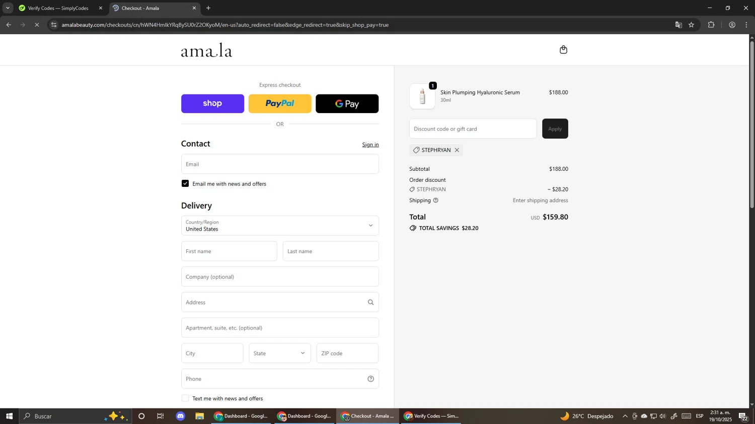 Amala Beauty coupon code screenshot showing code STEPHRYAN applied at Amala Beauty checkout page. Uploaded by SimplyCodes community member Pirlo420 on Oct 19, 2025