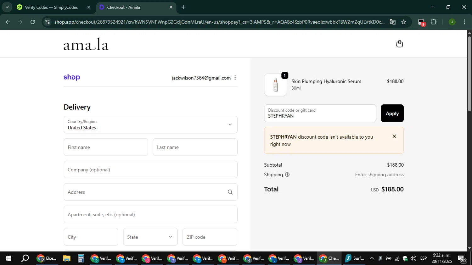 Amala Beauty coupon code screenshot showing code STEPHRYAN applied at Amala Beauty checkout page. Uploaded by SimplyCodes community member ShieldFinder369 on Nov 20, 2025