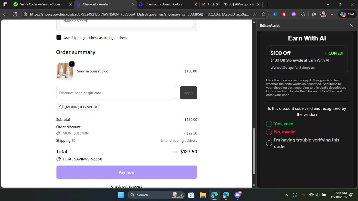 Amala Beauty coupon code screenshot showing code _MONIQUELYNN applied at Amala Beauty checkout page. Uploaded by SimplyCodes community member Blackleg_Sanji on Nov 30, 2025
