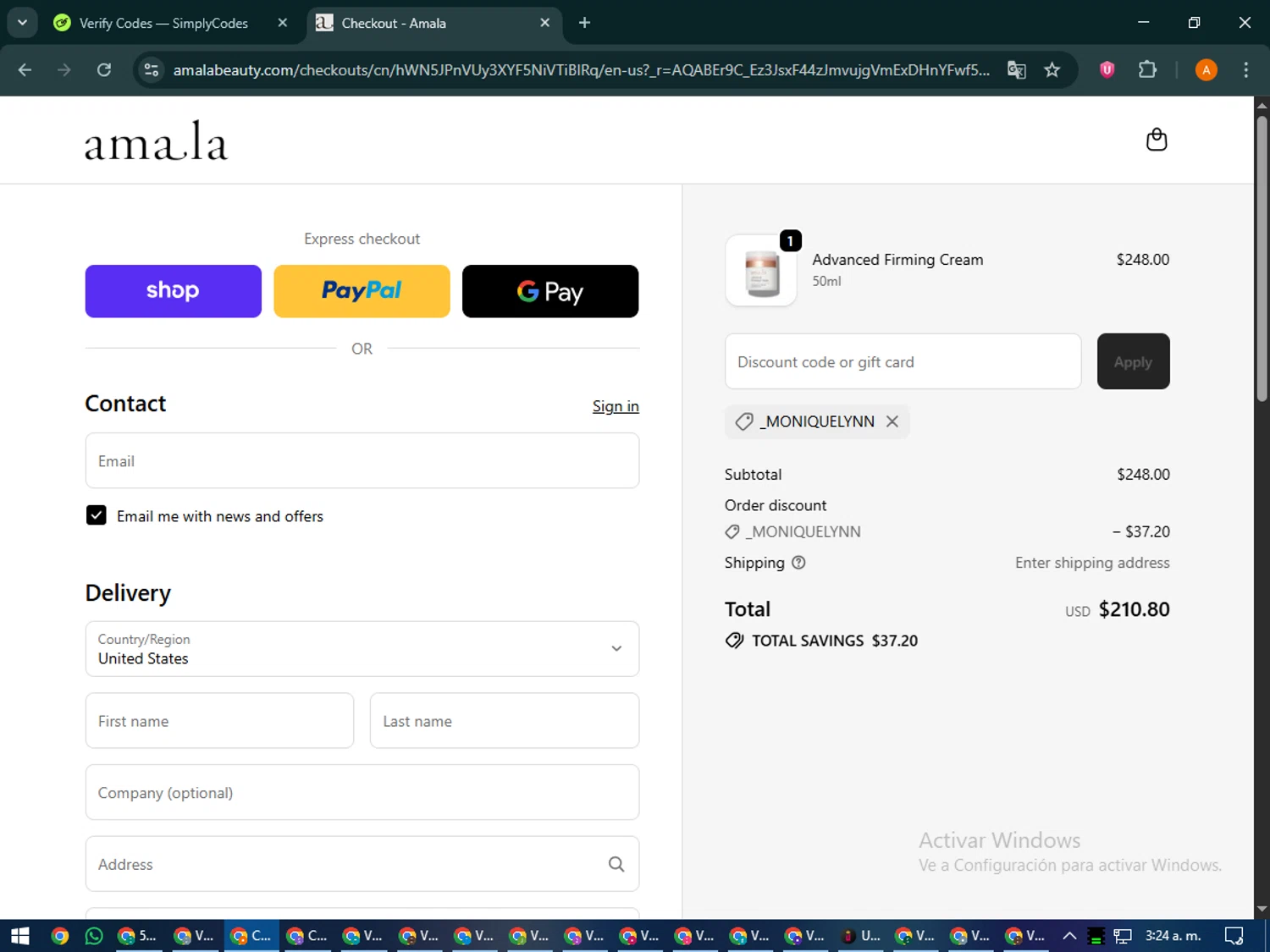 Amala Beauty coupon code screenshot showing code _MONIQUELYNN applied at Amala Beauty checkout page. Uploaded by SimplyCodes community member MoneyPhoenix4664 on Nov 15, 2025