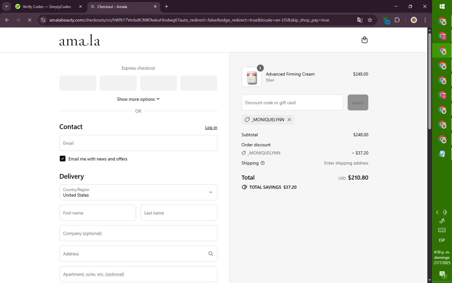 Amala Beauty coupon code screenshot showing code _MONIQUELYNN applied at Amala Beauty checkout page. Uploaded by SimplyCodes community member PromoVoyager8446 on Jul 27, 2025