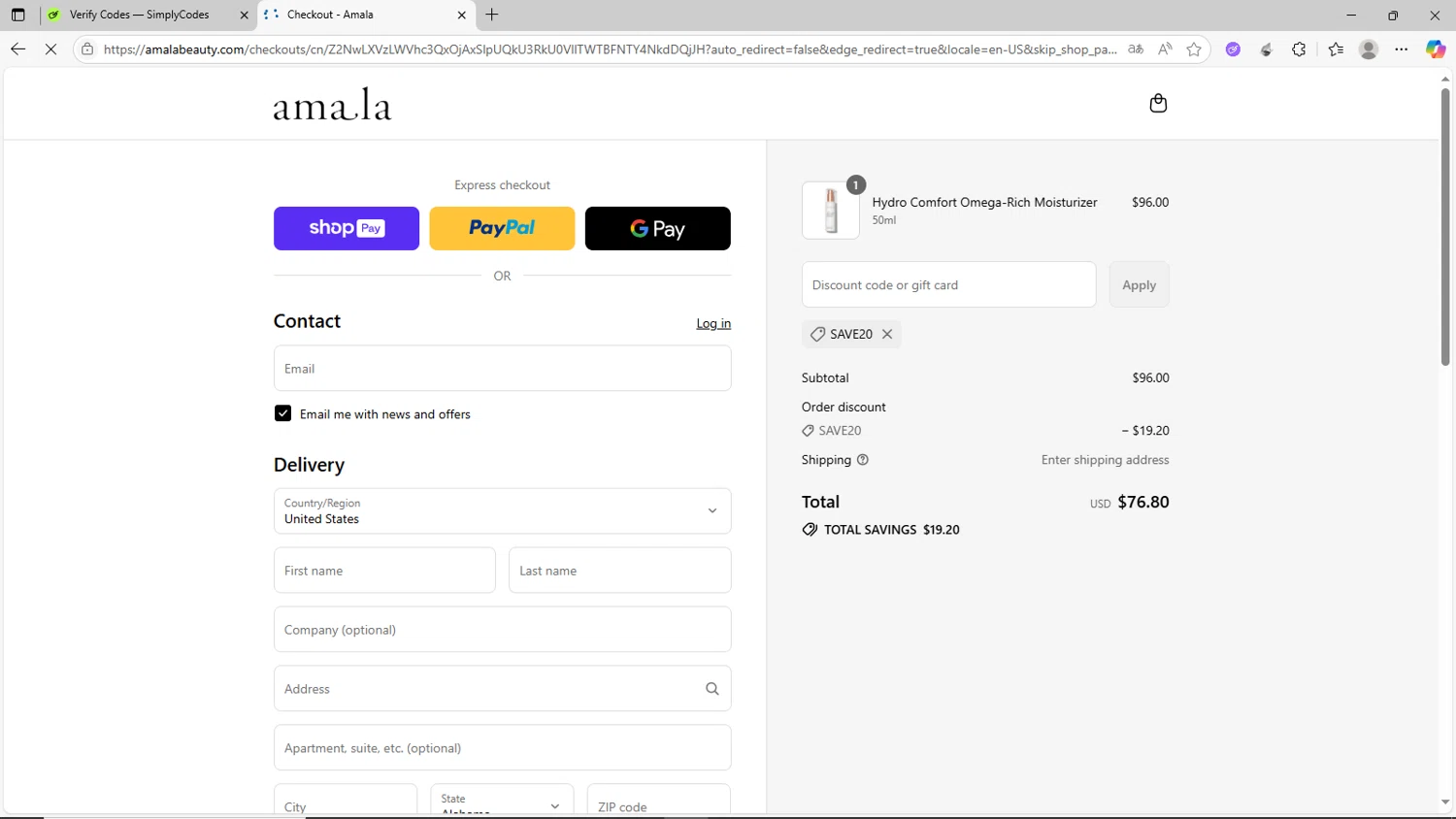 Amala Beauty coupon code screenshot showing code Save20 applied at Amala Beauty checkout page. Uploaded by SimplyCodes community member CrownShopper2899 on Jul 10, 2025