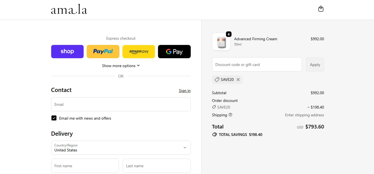 Amala Beauty coupon code screenshot showing code Save20 applied at Amala Beauty checkout page. Uploaded by SimplyCodes community member MoneyHunter5624 on Dec 29, 2025