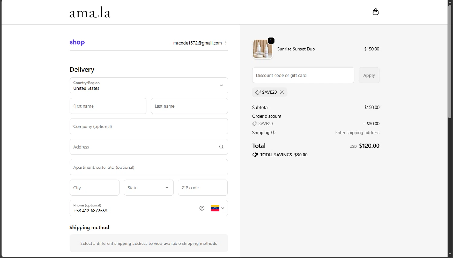 Amala Beauty coupon code screenshot showing code Save20 applied at Amala Beauty checkout page. Uploaded by SimplyCodes community member TokioMiller on Nov 30, 2025