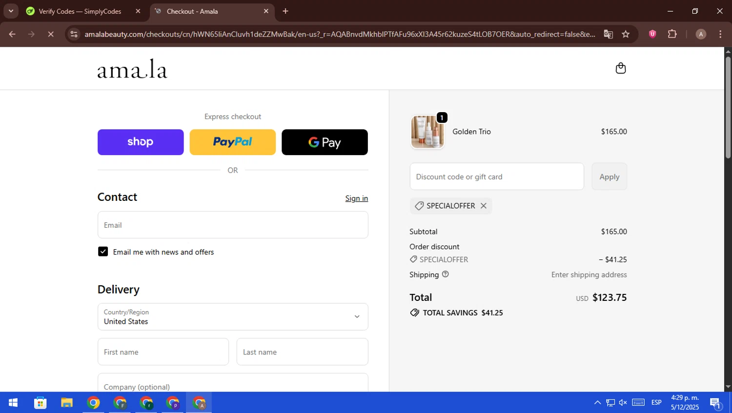 Amala Beauty coupon code screenshot showing code Specialoffer applied at Amala Beauty checkout page. Uploaded by SimplyCodes community member ScanFalcon6148 on Dec 5, 2025