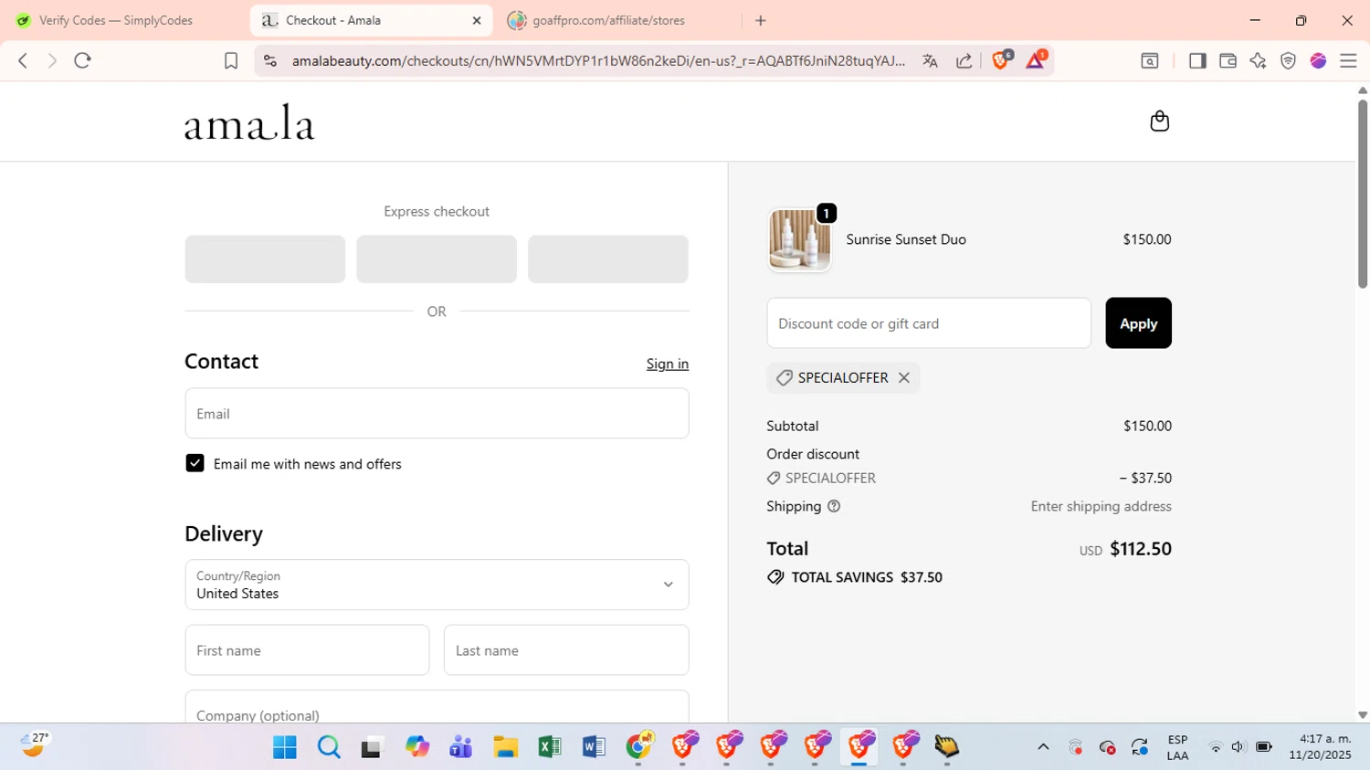 Amala Beauty coupon code screenshot showing code Specialoffer applied at Amala Beauty checkout page. Uploaded by SimplyCodes community member VictoriousSage6771 on Nov 20, 2025
