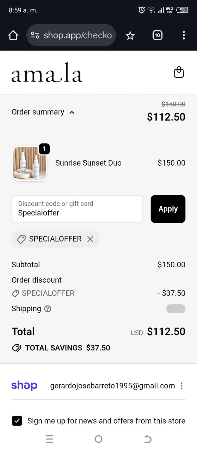 Amala Beauty coupon code screenshot showing code Specialoffer applied at Amala Beauty checkout page. Uploaded by SimplyCodes community member jorgeston on Dec 11, 2025