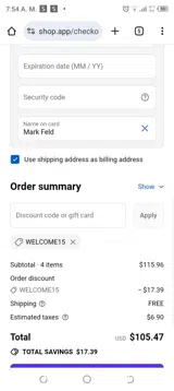 welcome15 coupon verification screenshot