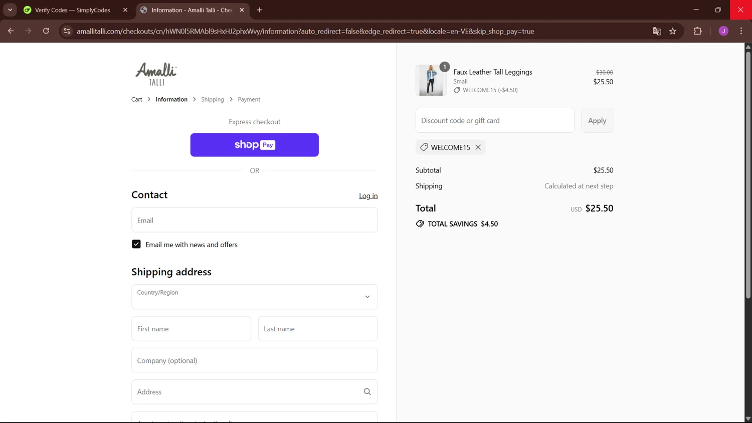 Amalli Talli coupon code screenshot showing code WELCOME15 applied at Amalli Talli checkout page. Uploaded by SimplyCodes community member NobleSaver3560 on Jul 18, 2025