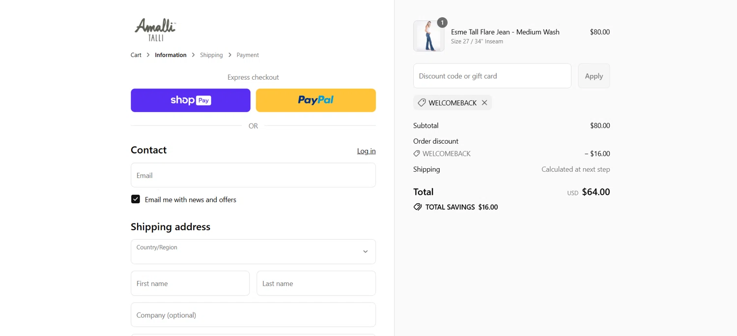 Amalli Talli coupon code screenshot showing code Welcomeback applied at Amalli Talli checkout page. Uploaded by SimplyCodes community member Emmanuelyayajuu on Aug 22, 2025