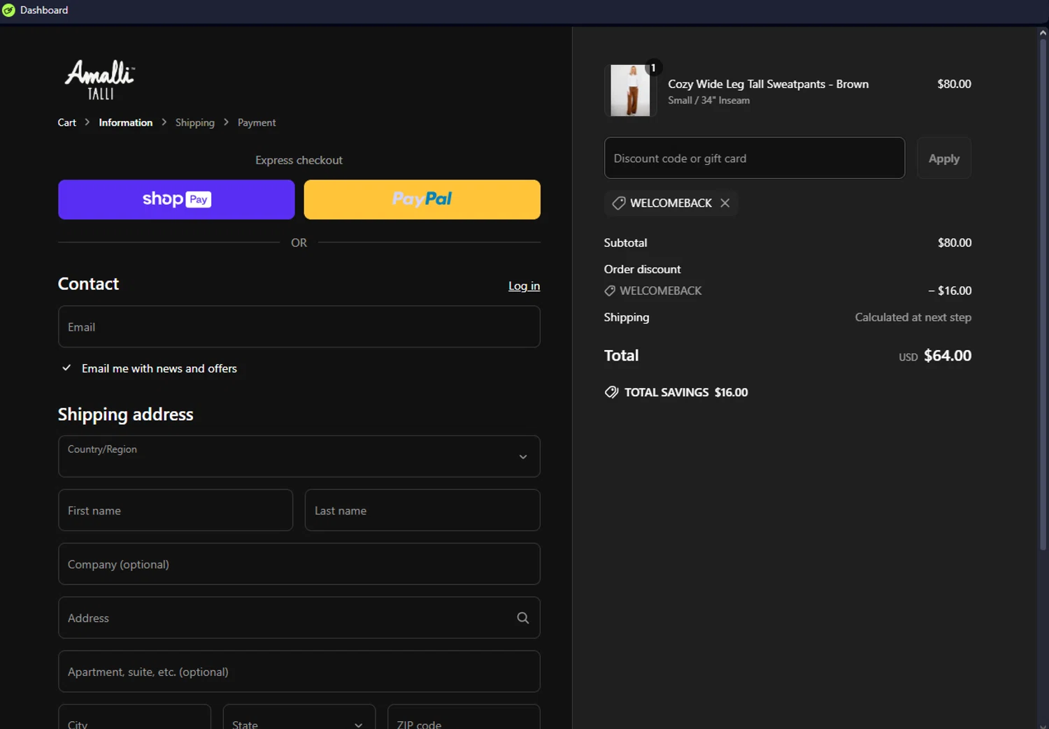 Amalli Talli coupon code screenshot showing code Welcomeback applied at Amalli Talli checkout page. Uploaded by SimplyCodes community member ScanEagle7415 on Apr 3, 2025