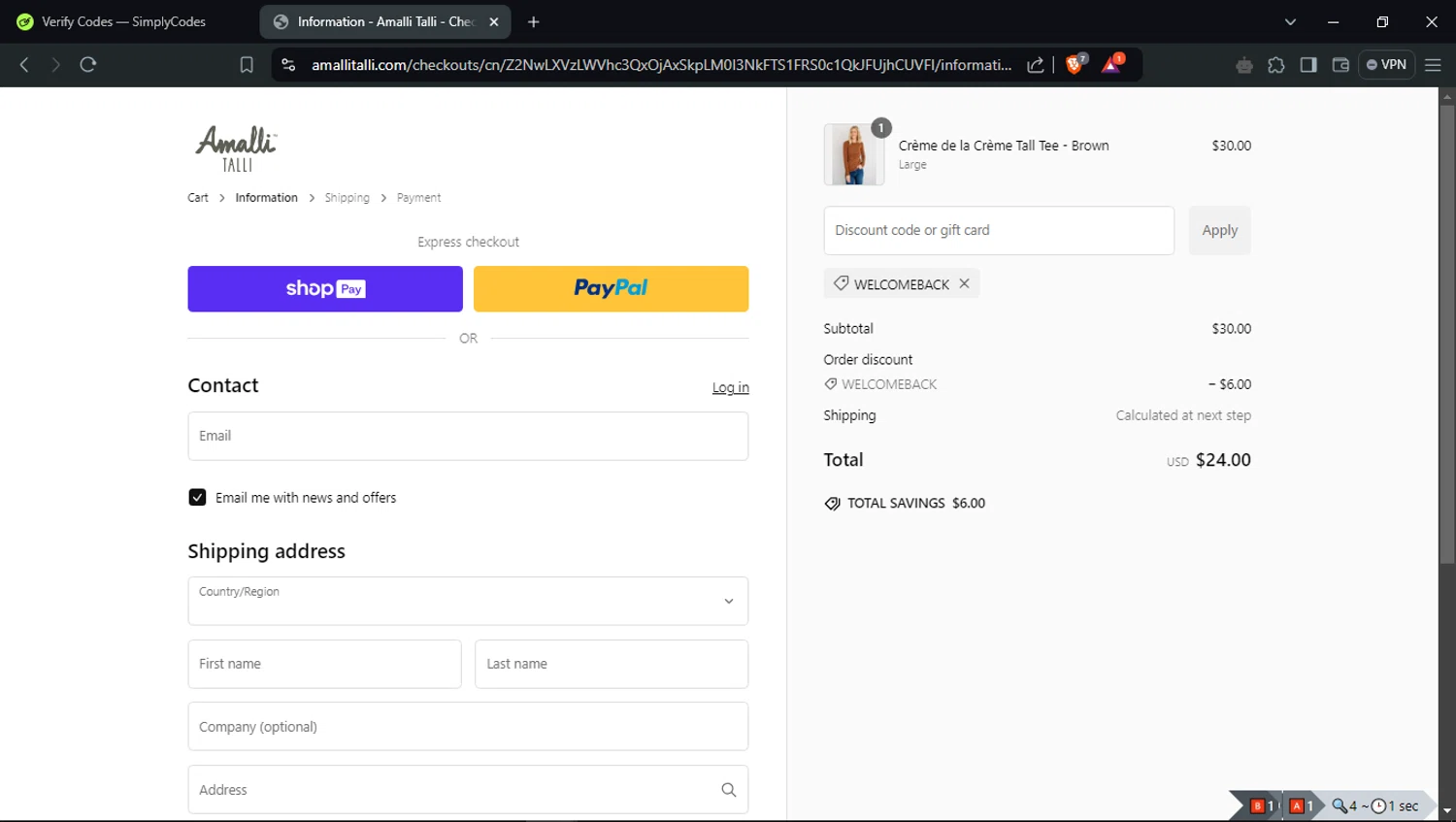 Amalli Talli coupon code screenshot showing code Welcomeback applied at Amalli Talli checkout page. Uploaded by SimplyCodes community member CleverPioneer8971 on Jan 27, 2025