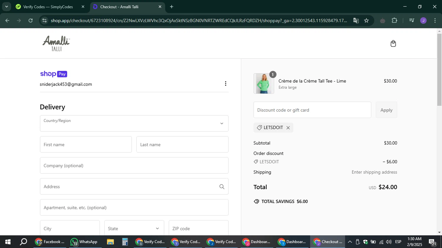 Amalli Talli coupon code screenshot showing code LETSDOIT applied at Amalli Talli checkout page. Uploaded by SimplyCodes community member sniderjack453 on Feb 9, 2025