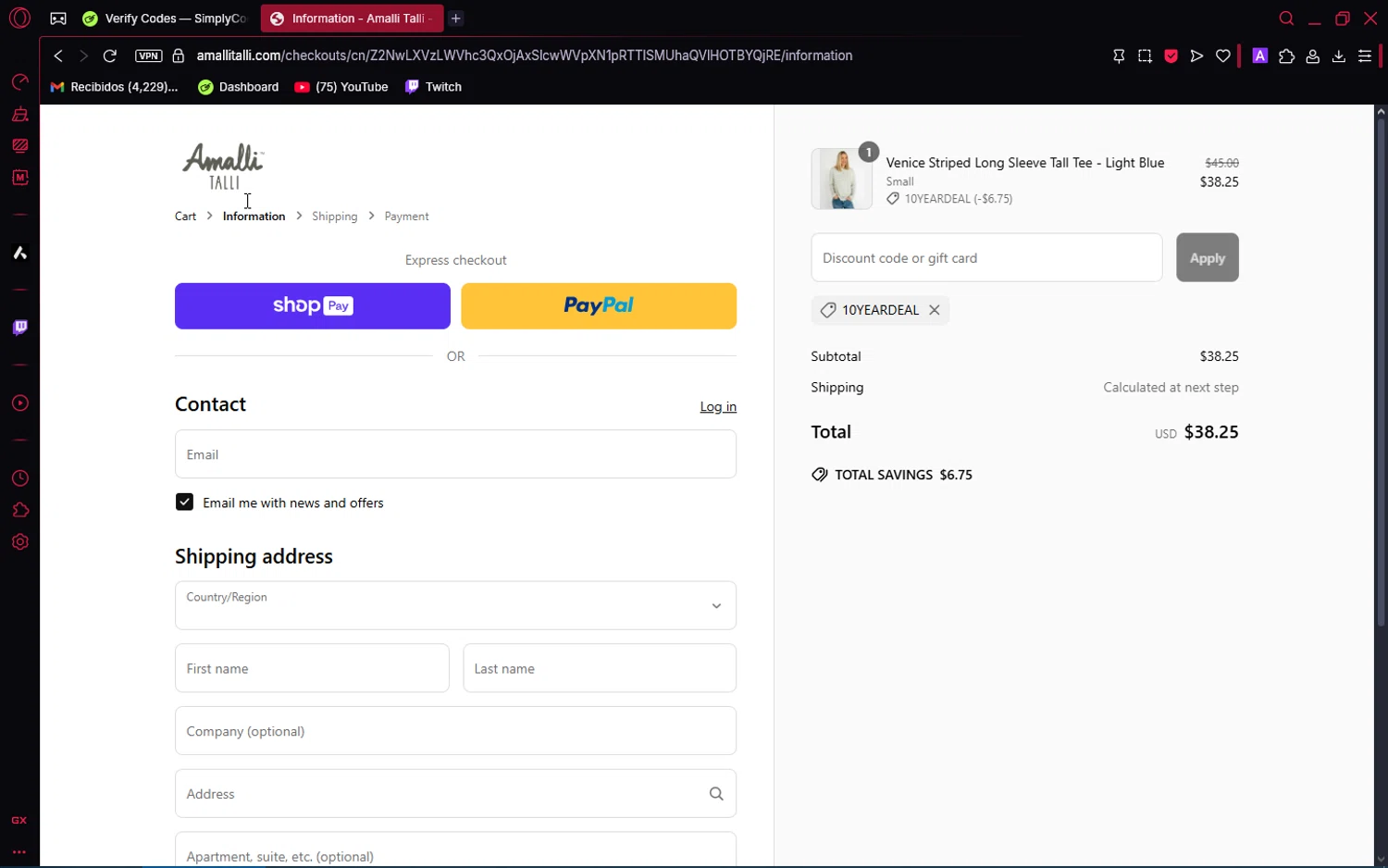 Amalli Talli coupon code screenshot showing code 10yeardeal applied at Amalli Talli checkout page. Uploaded by SimplyCodes community member VoucherAce8469 on May 24, 2025