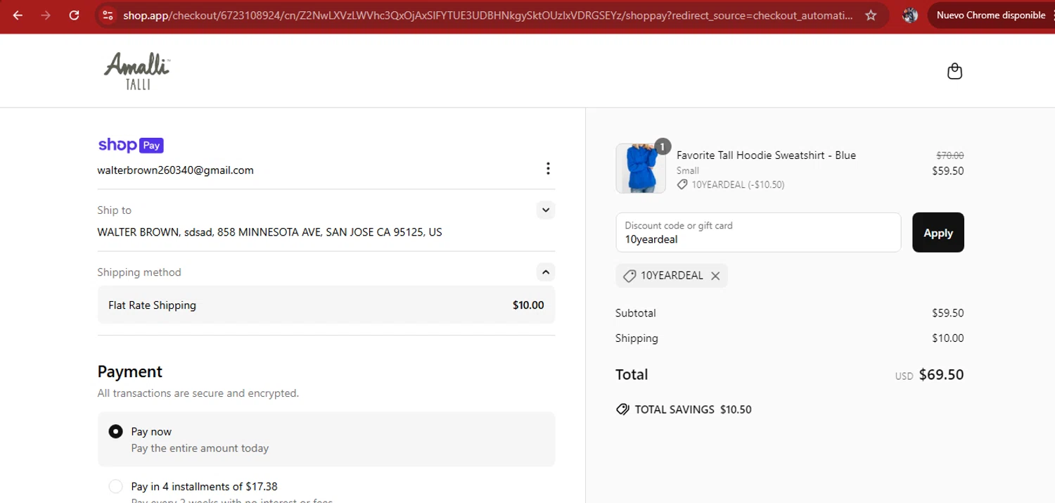Amalli Talli coupon code screenshot showing code 10yeardeal applied at Amalli Talli checkout page. Uploaded by SimplyCodes community member kimberlinmartinez on Apr 3, 2025