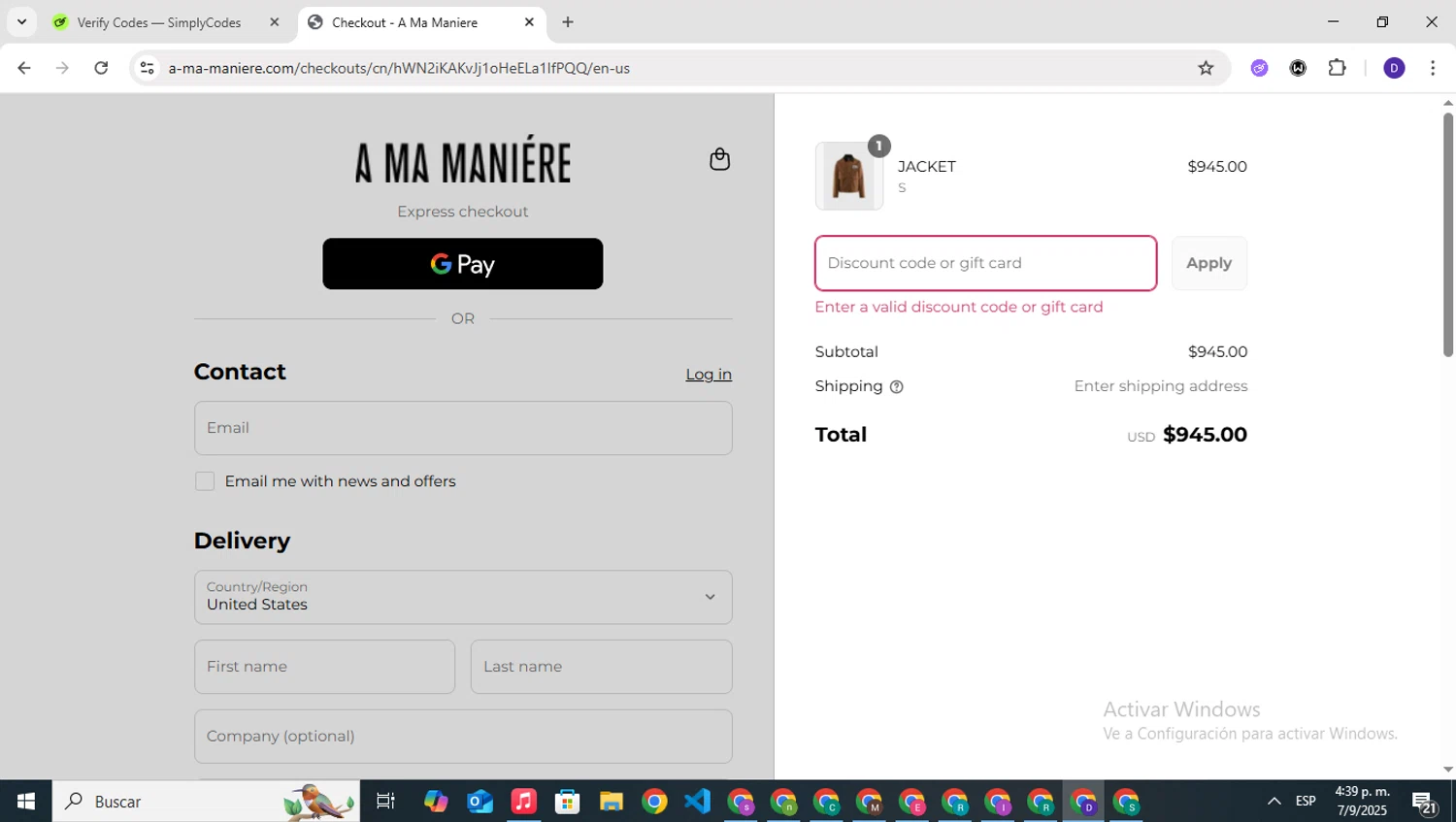 A Ma Maniere discount code screenshot showing code Laborday20 applied at A Ma Maniere checkout page. Uploaded by SimplyCodes community member PrimeNavigator3251 on Sep 7, 2025