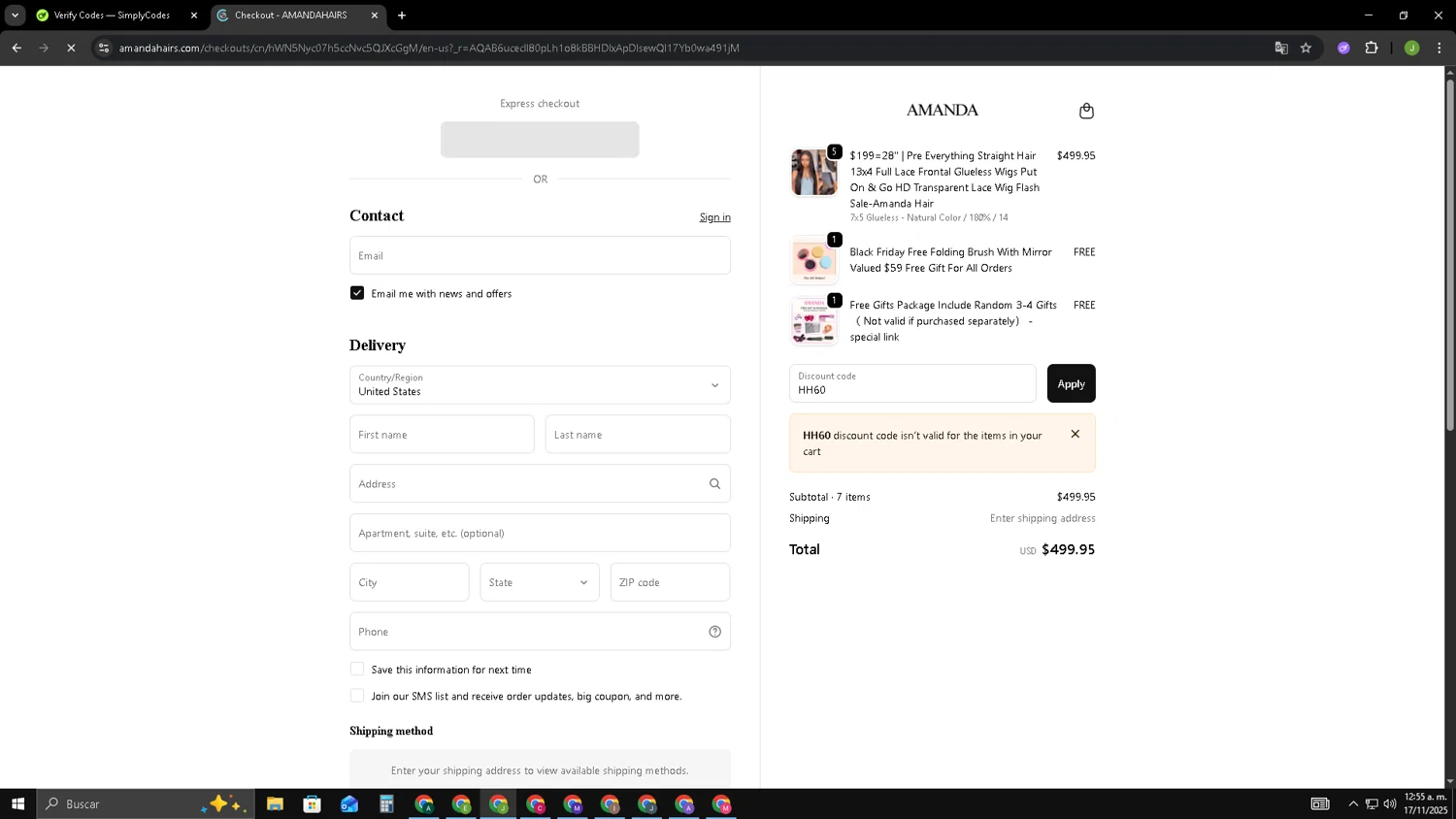 amandahairs discount code screenshot showing code HH60 applied at amandahairs checkout page. Uploaded by SimplyCodes community member SAIKOO on Nov 17, 2025