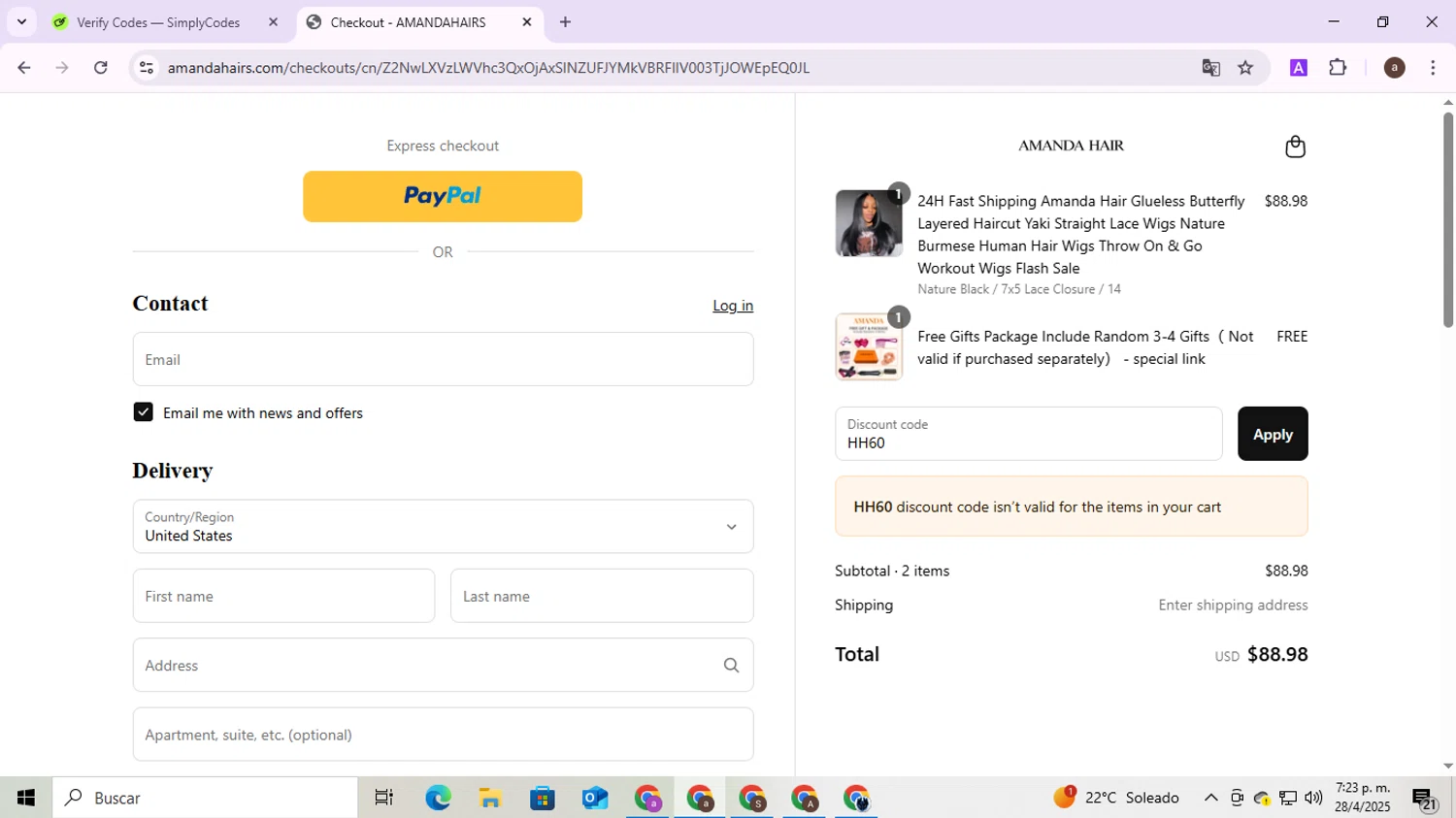 amandahairs discount code screenshot showing code HH60 applied at amandahairs checkout page. Uploaded by SimplyCodes community member CodeMaverick246 on Apr 28, 2025