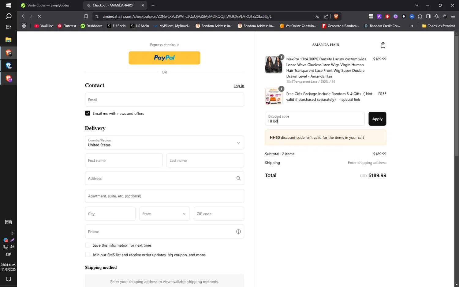 amandahairs discount code screenshot showing code HH60 applied at amandahairs checkout page. Uploaded by SimplyCodes community member ilarrazaM1 on Mar 11, 2025