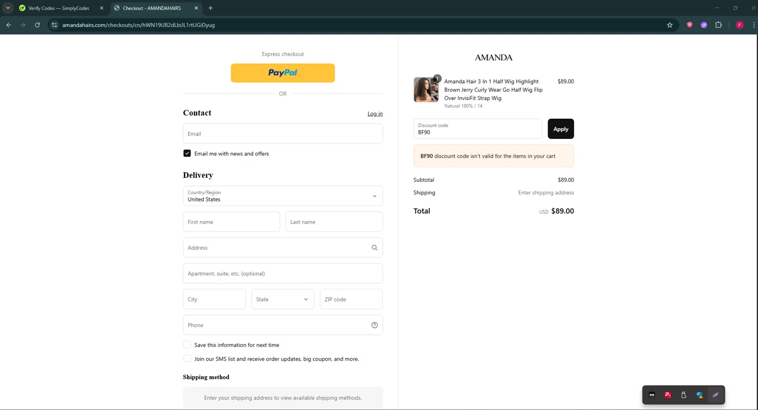 amandahairs discount code screenshot showing code BF90 applied at amandahairs checkout page. Uploaded by SimplyCodes community member ExtraordinaryVirtuoso281 on Jul 28, 2025