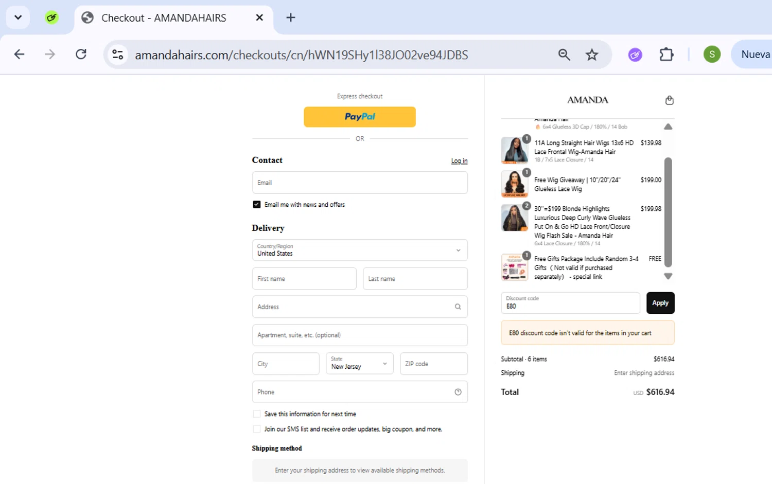 amandahairs discount code screenshot showing code E80 applied at amandahairs checkout page. Uploaded by SimplyCodes community member ExtraordinarySeeker9807 on Jul 28, 2025