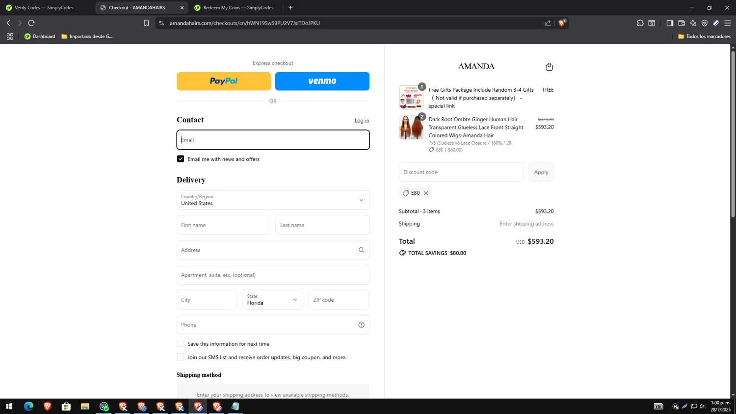 amandahairs discount code screenshot showing code E80 applied at amandahairs checkout page. Uploaded by SimplyCodes community member yesenia on Jul 28, 2025