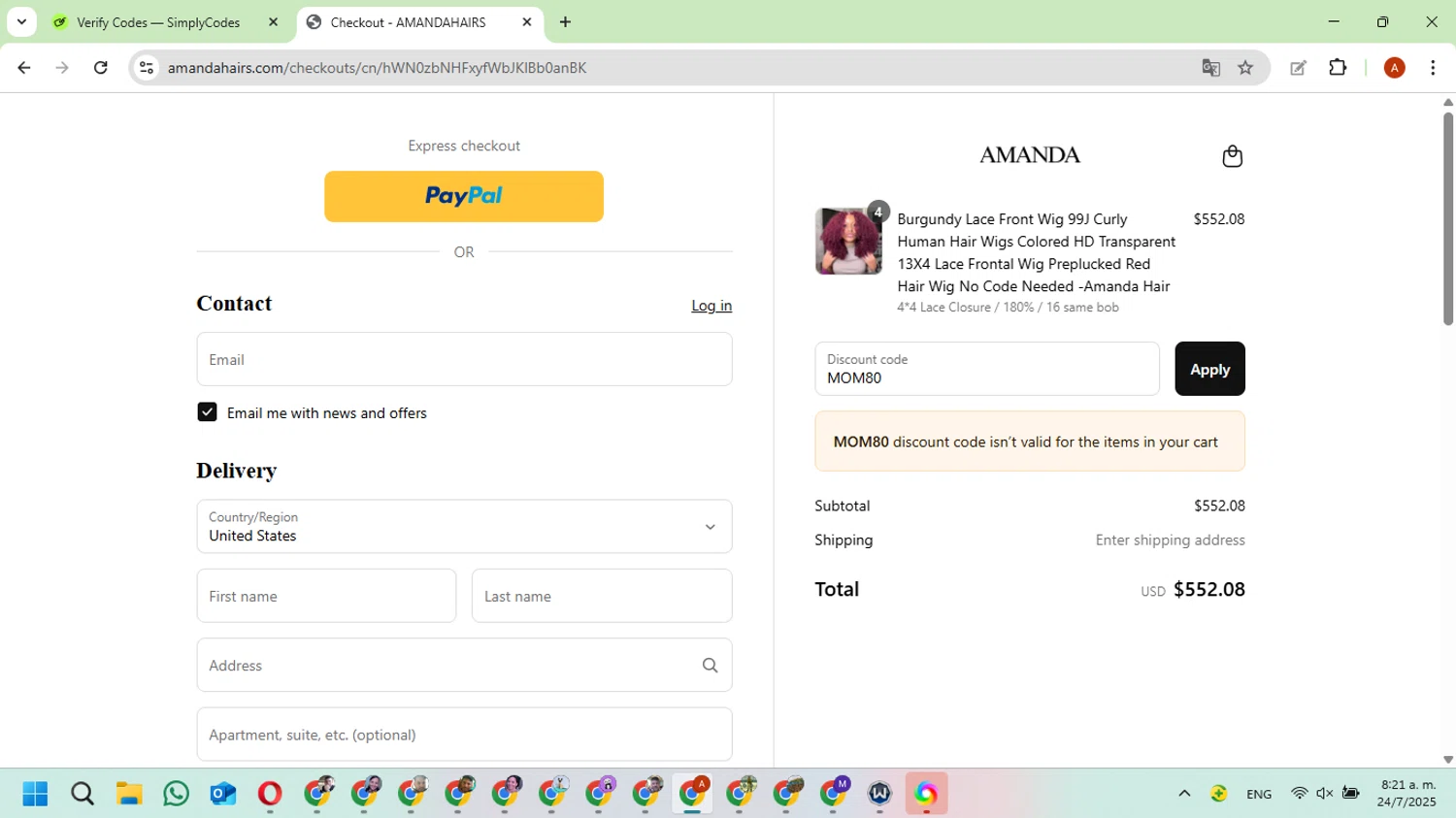 amandahairs discount code screenshot showing code MOM80 applied at amandahairs checkout page. Uploaded by SimplyCodes community member FundoKadmiel on Jul 24, 2025