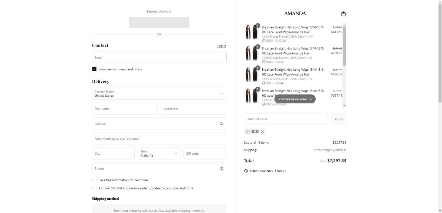 amandahairs discount code screenshot showing code BD25 applied at amandahairs checkout page. Uploaded by SimplyCodes community member RewardTitan728 on Jun 10, 2025