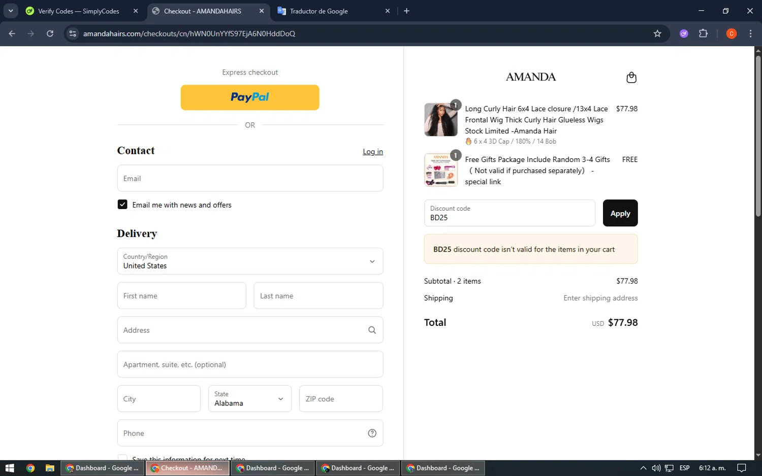 amandahairs discount code screenshot showing code BD25 applied at amandahairs checkout page. Uploaded by SimplyCodes community member RoyalHawk6408 on Jul 11, 2025