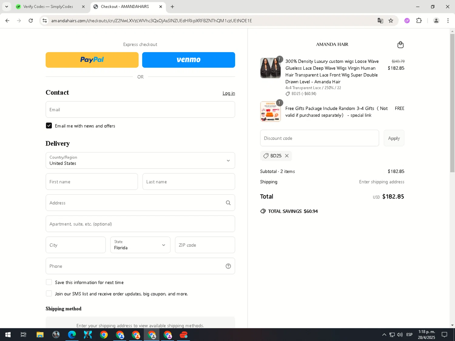 amandahairs discount code screenshot showing code BD25 applied at amandahairs checkout page. Uploaded by SimplyCodes community member WiseHawk9255 on Apr 28, 2025