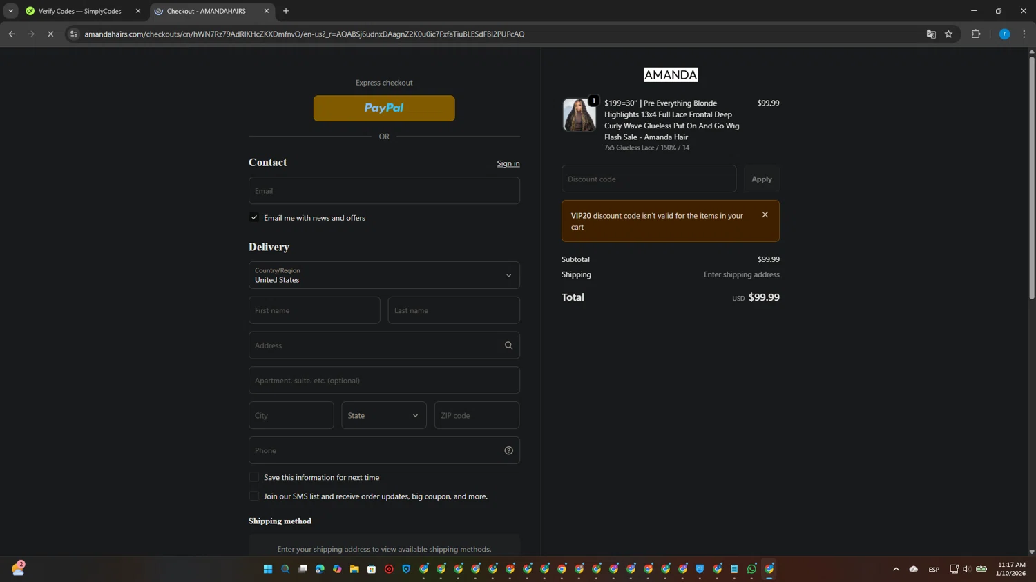amandahairs checkout page showing amandahairs discount code box | Screenshot taken by SimplyCodes community member on Jan 10, 2026
