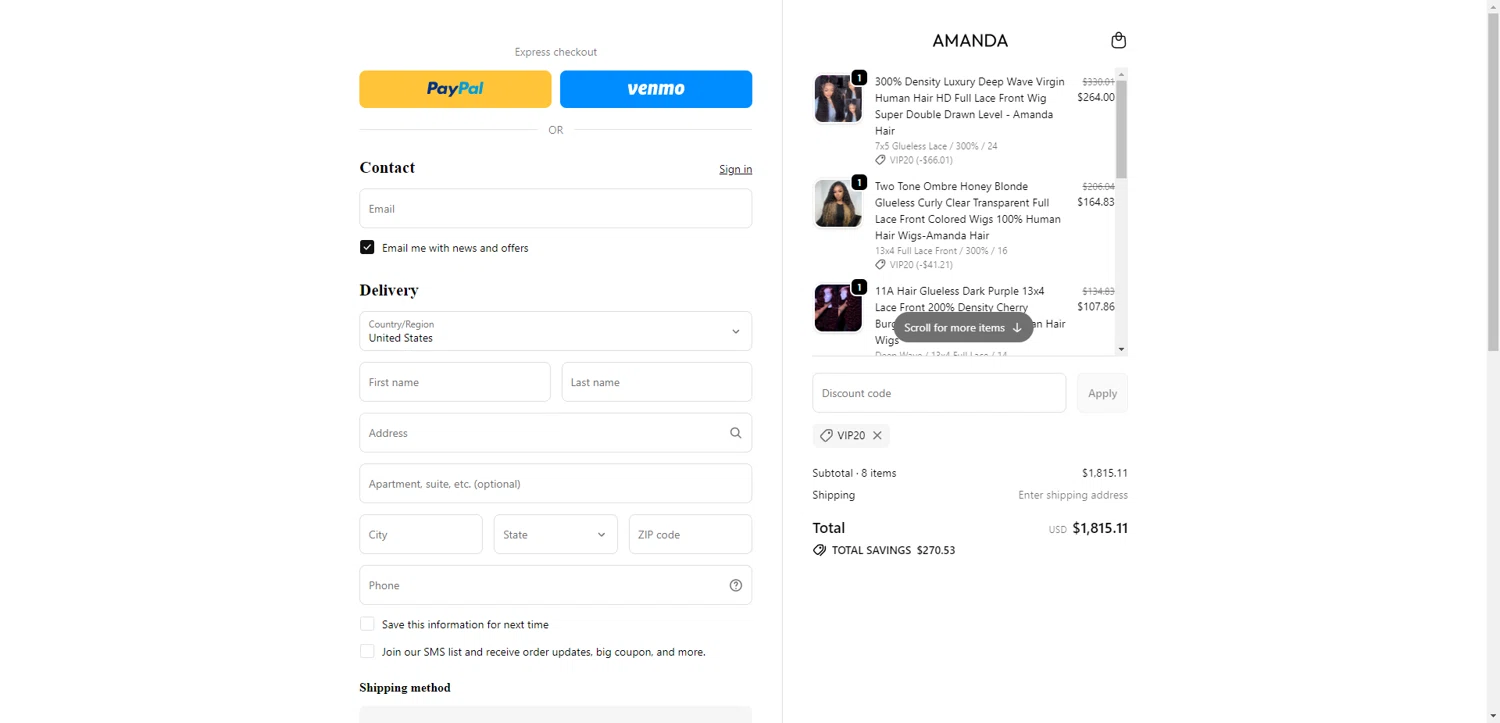 amandahairs checkout page showing amandahairs discount code box | Screenshot taken by SimplyCodes community member on Jan 10, 2026