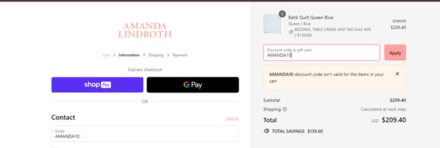 Amanda Lindroth checkout page showing Amanda Lindroth coupon code box | Screenshot taken by SimplyCodes community member on Apr 6, 2024