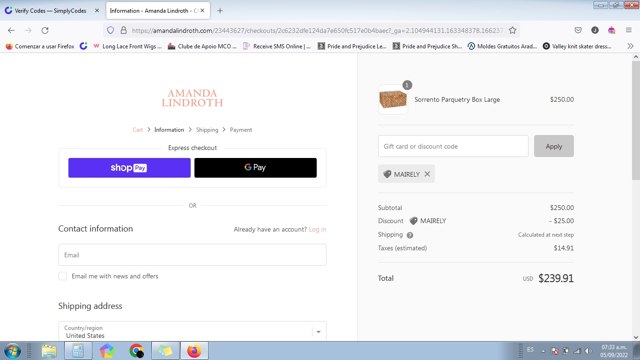 Amanda Lindroth checkout page showing Amanda Lindroth coupon code box | Screenshot taken by SimplyCodes community member on Sep 5, 2022