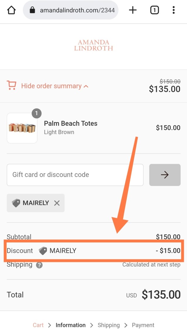 Amanda Lindroth checkout page showing Amanda Lindroth coupon code box | Screenshot taken by SimplyCodes community member on Jun 4, 2022