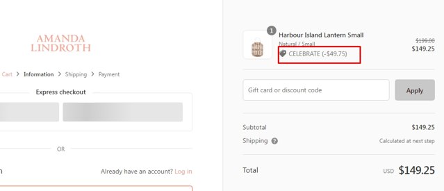 Amanda Lindroth checkout page showing Amanda Lindroth coupon code box | Screenshot taken by SimplyCodes community member on Nov 9, 2022